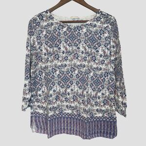 Talbots Lightweight Soft Paisley Sweater White‎ Pink Blue Cotton Rayon XL 1X